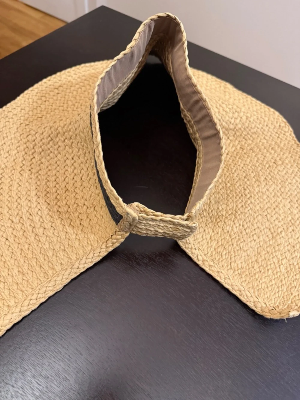 Zara Roll Up Woven Wide Brim Visor Sun Hat Black Band Beige Adjustable Resort OS